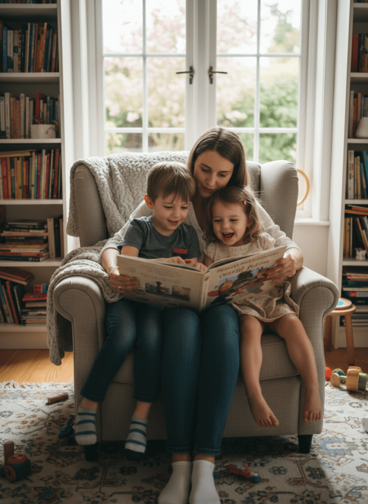 Mom reading with kids to support early literacy at home